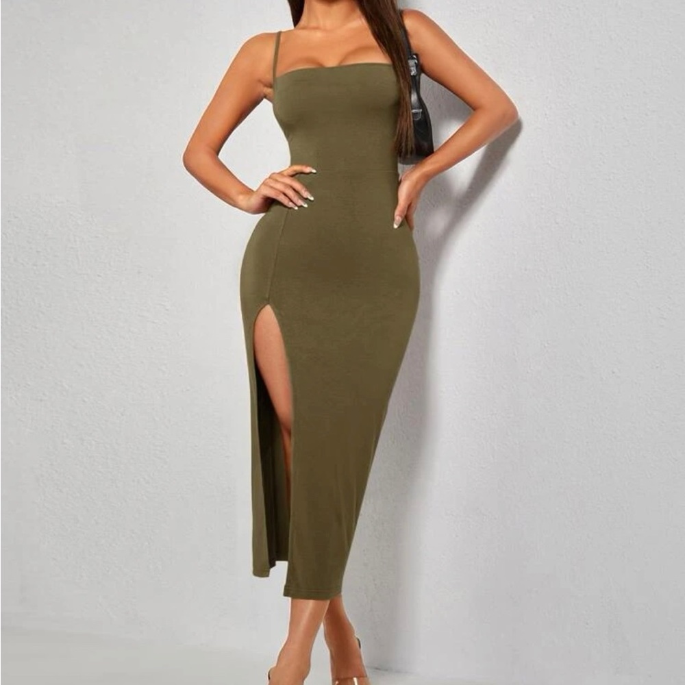 Lace Up Backless Split Thigh Cami Army Green Dress